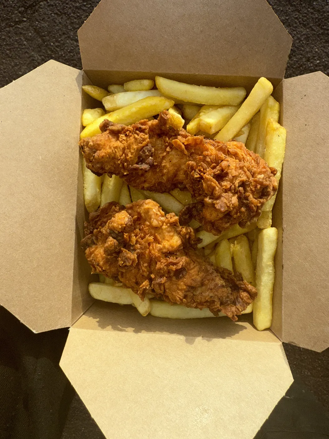 CHIPS! & Chicken Strips in a compostable box